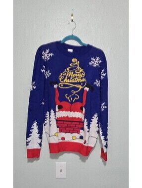 Ugly Christmas Sweater Large L Blue Santa Claus Stuck In Chimney Funny Novelty